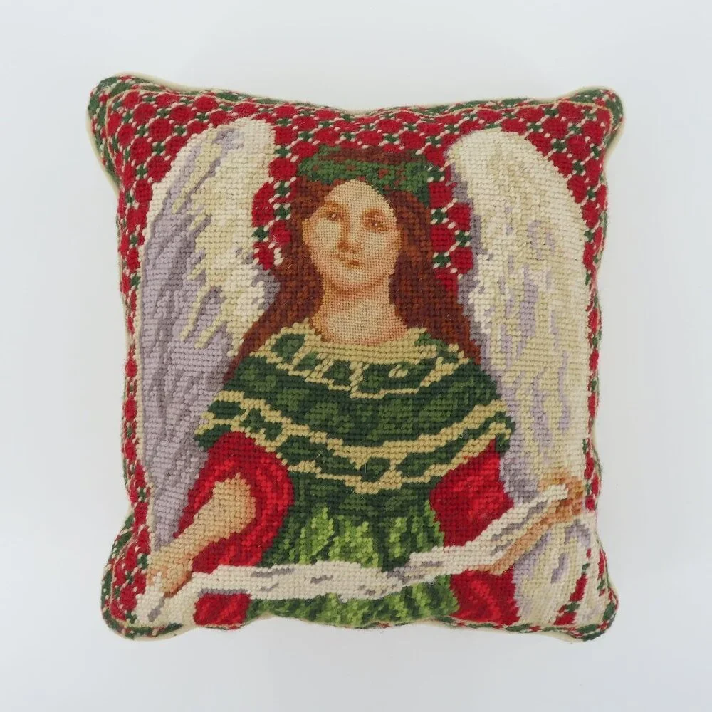 Wool Needlepoint Christmas Holiday Religious Angel 10.5in x 11.5in Pillow VTG